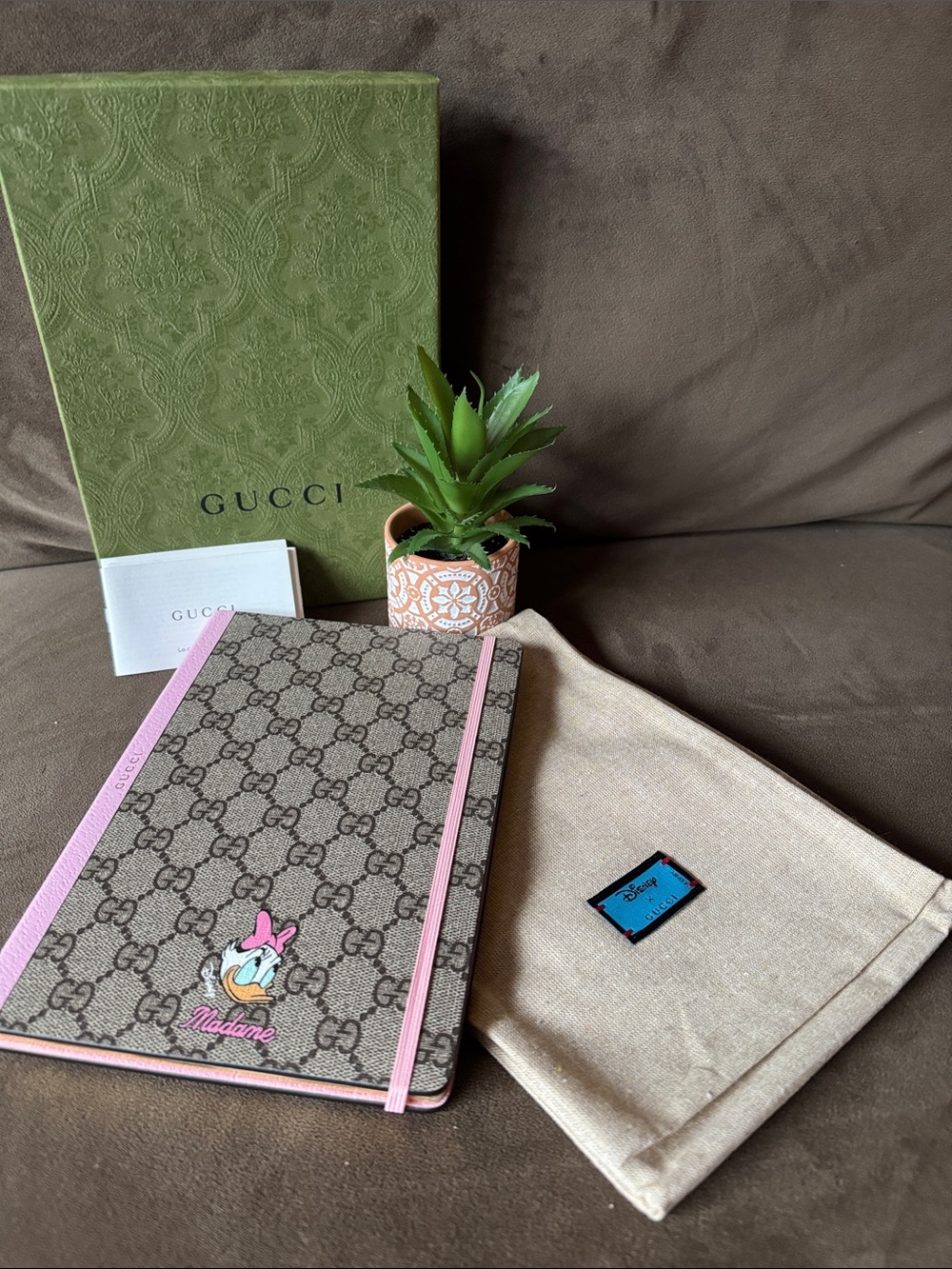 Gucci GG Supreme Notebook Cover with Pink Trim and Daisy Duck Appliqué Full Set